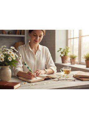 Handcrafted Green Beaded Pen With Floral Daisy Top & Heart Accents - Elegant Des